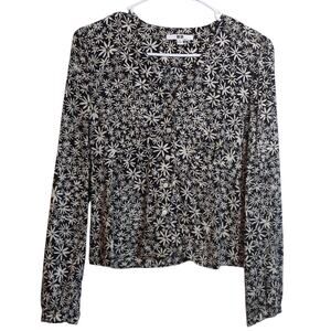 Uniqlo Ditsy Floral Black and White Daisy  Button Up Long Sleeve Top Size Small